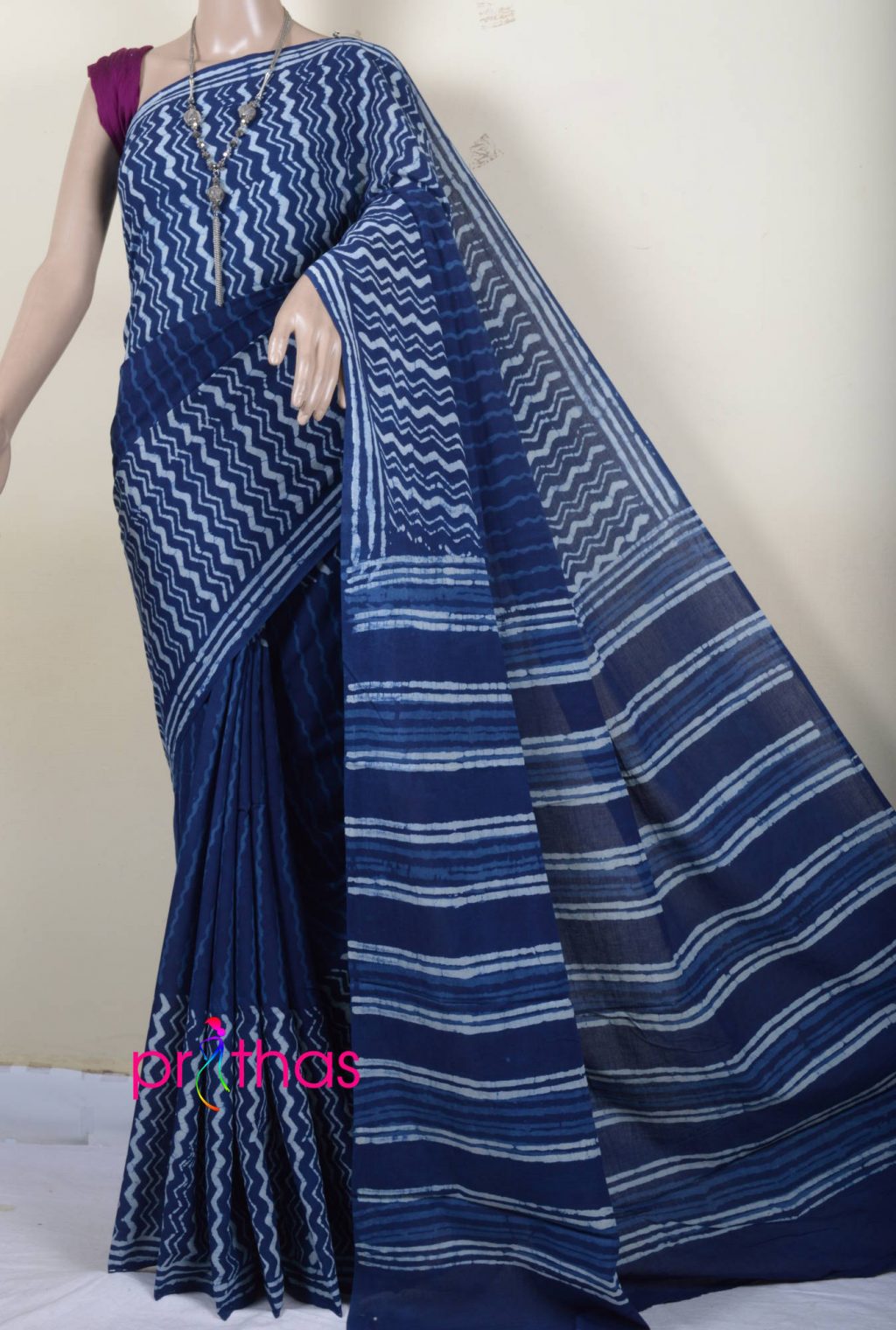 Dabu Handblock Printed Indigo Cotton Saree Ig Prithas