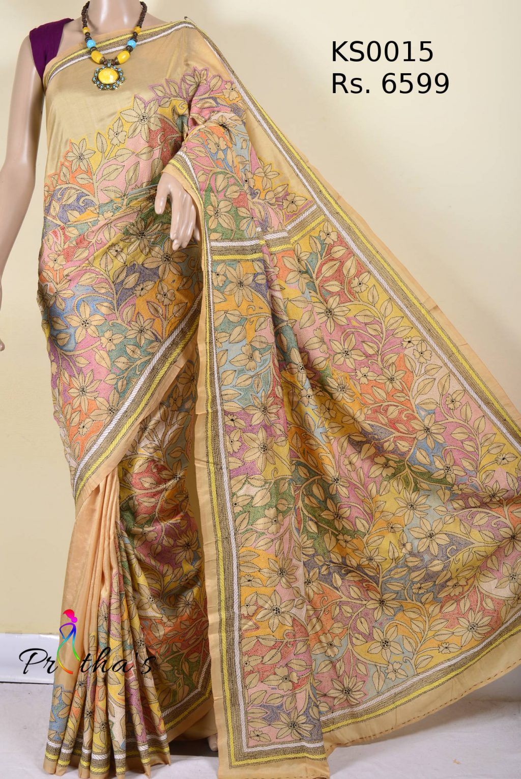 Silk Reverse Kantha Stitch Saree KS0015 Prithas