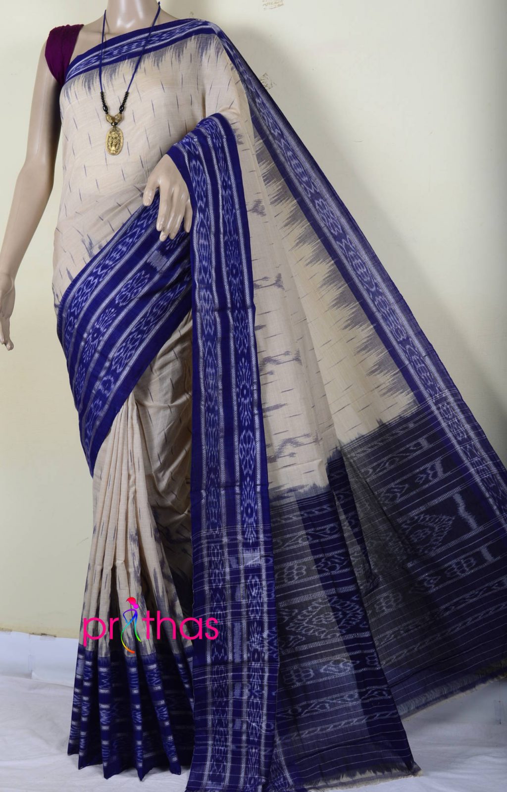 Blue Ikat Printed Silk Saree With Unstitched Blouse Piece