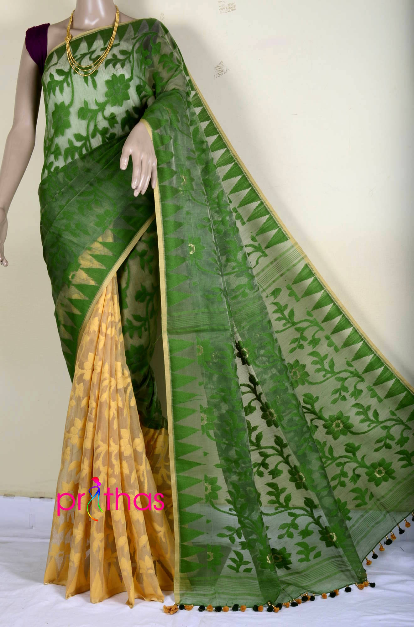 Moss Green Beige Half N Half Soft Jamdani Saree Prithas