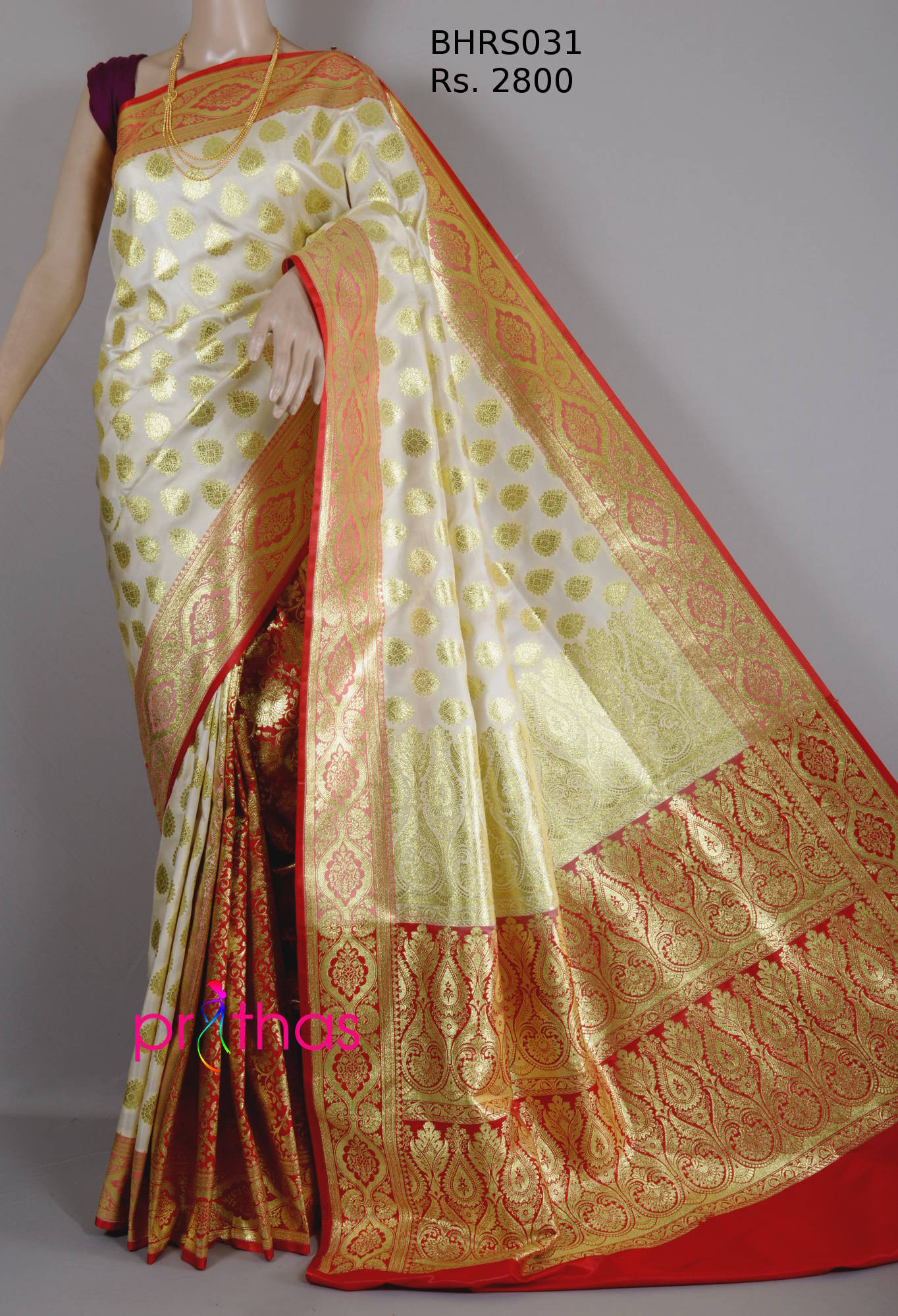 Ivory White Handloom Woven Banarasi Silk Saree - Clothsvilla