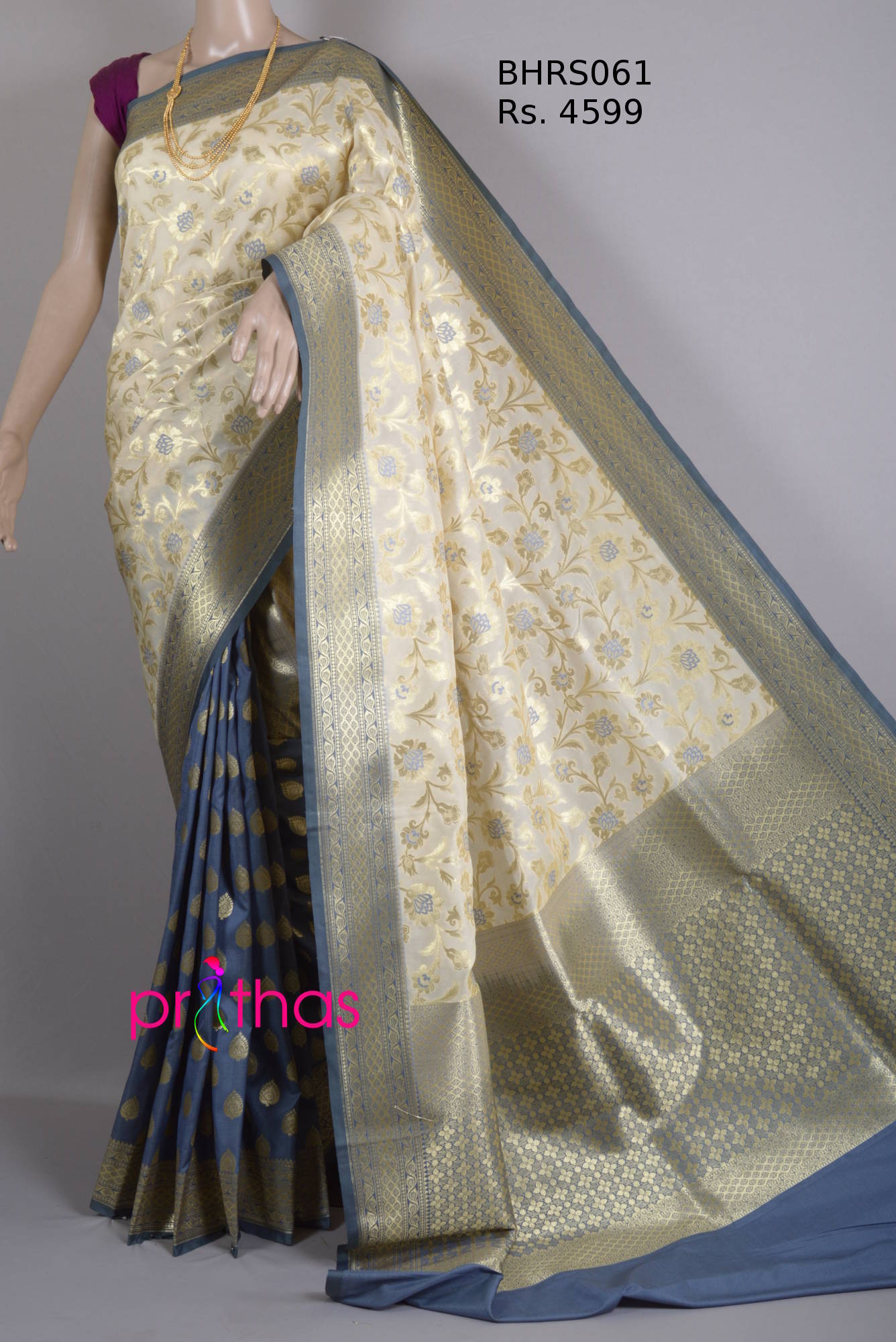 Off White And Grey Half Half Handloom Silk Saree Prithas