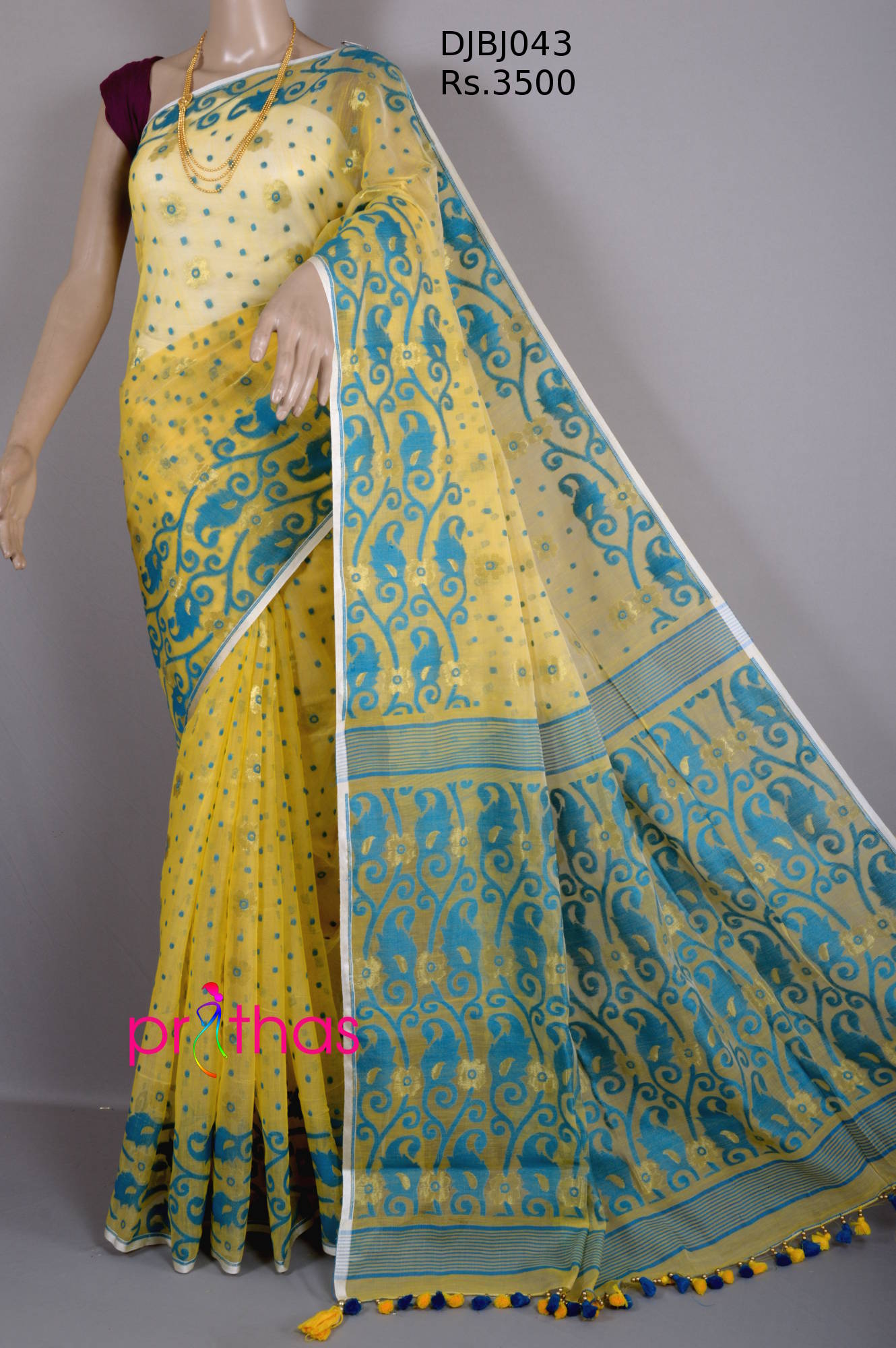 Light Yellow Designer Soft Dhakai Jamdani Saree Prithas