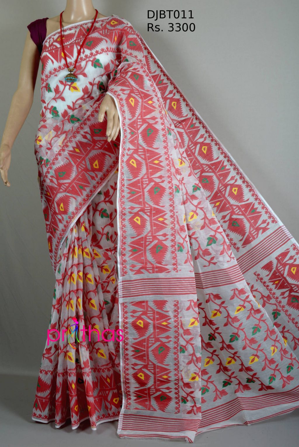 Designer White-Red jamdani saree with allover meenakari work â Prithas