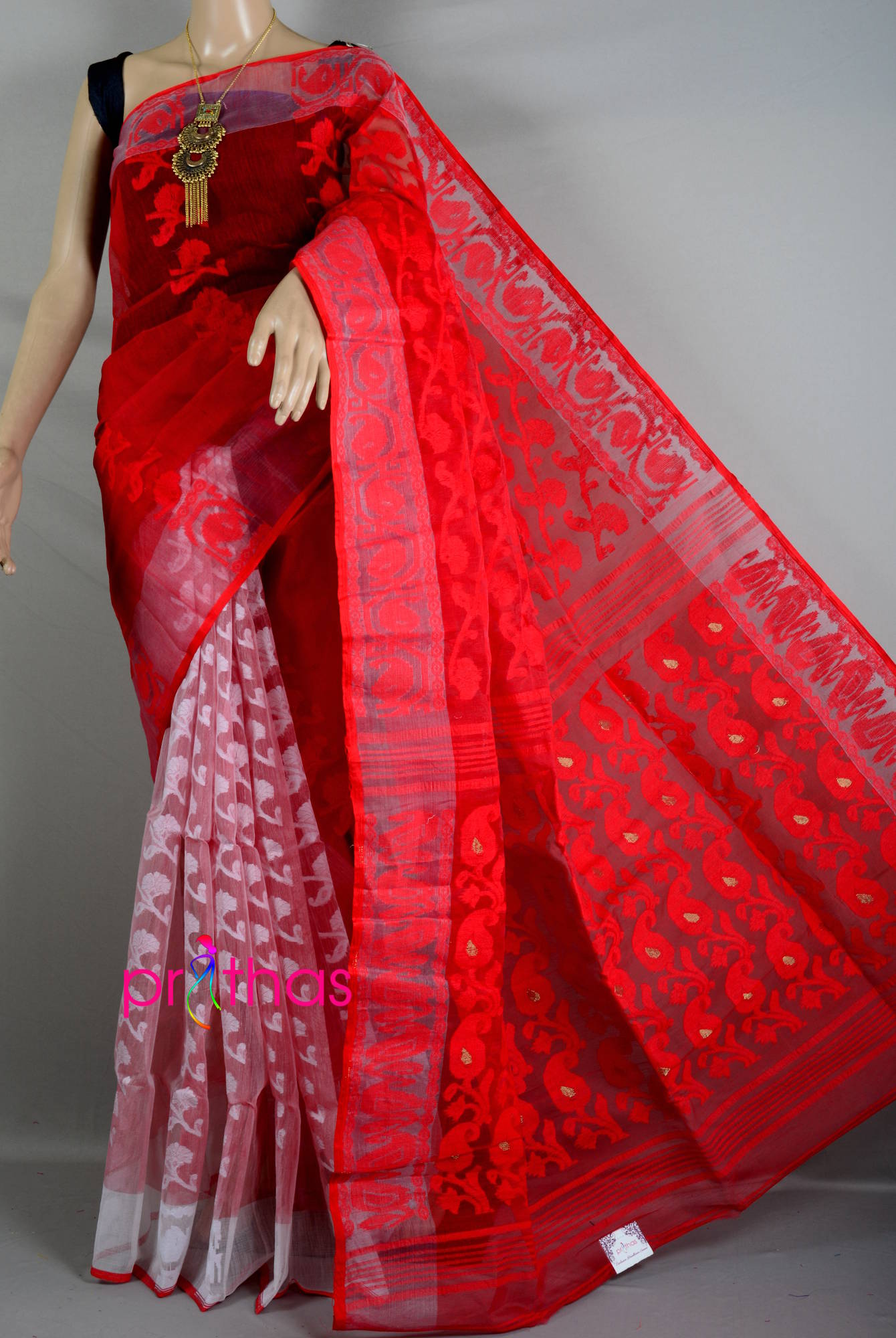 White Red Half Half Jamdani Saree Prithas