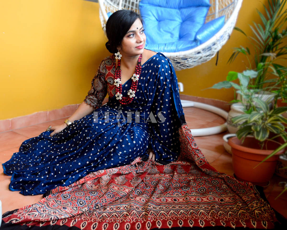 Blue Modal Silk Hand Block printed Bandhni Ajrakh Saree – Prithas